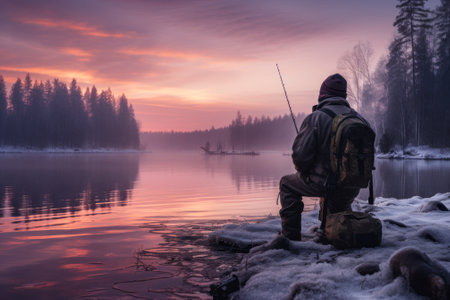 a man on the bank admires the winter river generative ai.の素材