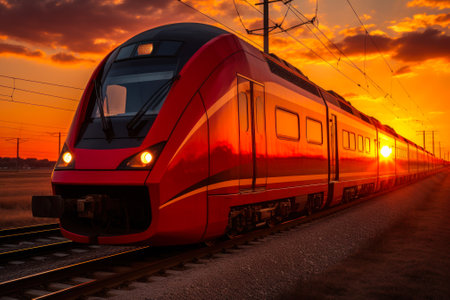 red fast high-speed train against the background of the evening sun generative ai.の素材