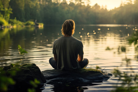 man meditating on the river bank generative ai.の素材
