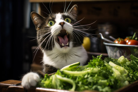 cat hungry in the kitchen asking for food generative ai.の素材
