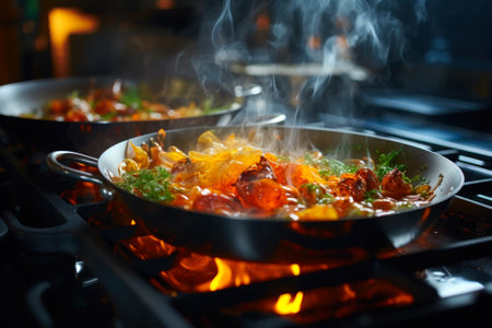 cooking vegetables in sauce in a frying pan generative ai.の素材