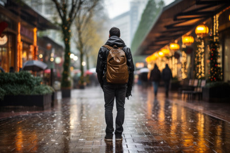 a man with a backpack walks along an evening road in the rain generative ai.の素材