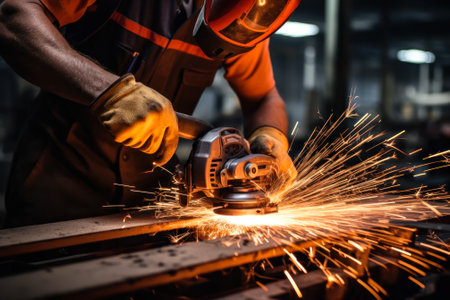 a worker cuts metal, sparks fly generative ai.の素材