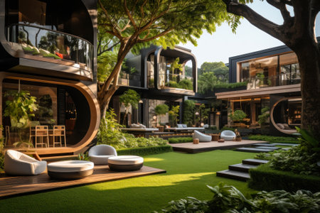 private wooden house with modern design surrounded by greenery generative ai.の素材