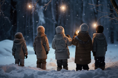children on the street looking at the sky at the falling snow generative ai.の素材