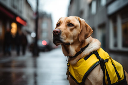 Guide dog in a yellow vest on the street with its owner generative ai.の素材