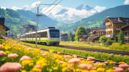 train against the backdrop of a summer yellow-green meadow ai generative.の素材