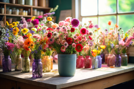 bouquets of flowers in pots on the table ai generative.の素材