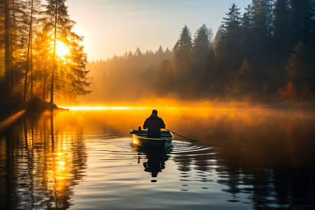 man on boat swims in a calm lake at dawn sunlight ai generative.の素材