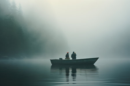 fishermen in a boat morning fog on the lake ai generative.の素材
