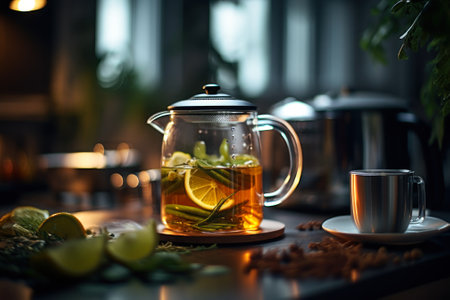 delicious tea with lemon in glass bowl ai generative.の素材