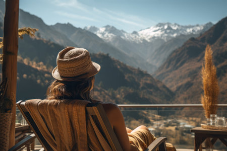 girl on vacation enjoying the views of the mountains ai generative.の素材