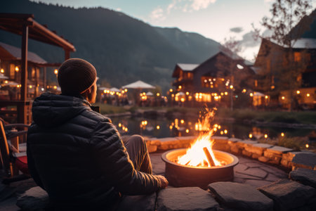 man relaxing by the fire enjoying the views ai generative.の素材