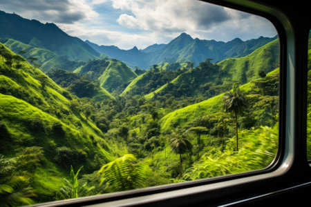 beautiful view of summer mountains and green meadow from the train window ai generative.の素材