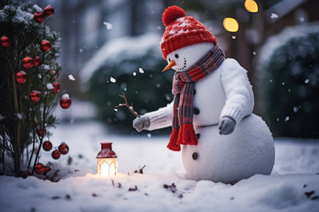 festive snowman in the yard and christmas mood generative ai.の素材