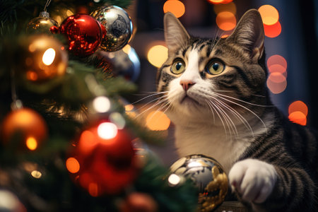 home pet cat plays with New Year toys on the Christmas tree generative ai.の素材