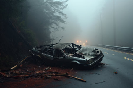 car accident due to fog, crashed vehicle poor visibility on the road generative ai.の素材