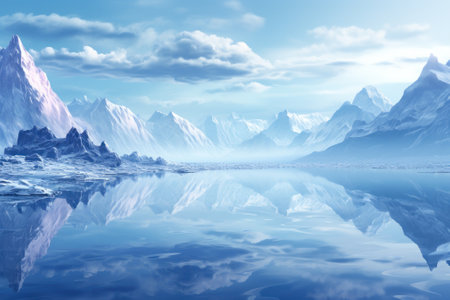 cold mountain morning landscape by the lake generative ai.の素材
