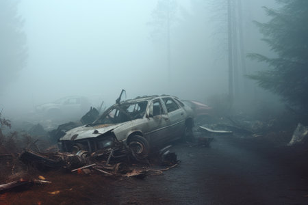 car accident due to fog, crashed vehicle poor visibility on the road generative ai.の素材
