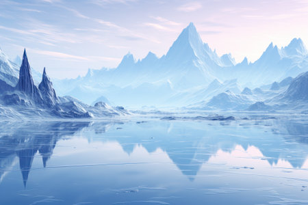 cold mountain morning landscape by the lake generative ai.の素材