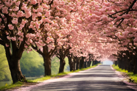 blooming chestnuts tree along an empty road generative ai.の素材