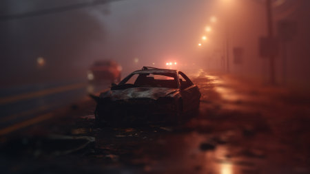 the car had an accident in cloudy weather and fog generative ai.の素材