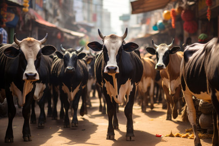 a herd of Indian cows are walking down the street generative ai.の素材
