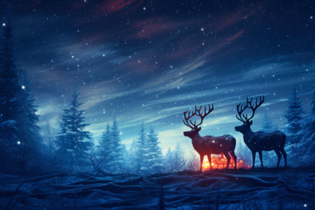 Christmas reindeers in the winter forest generative ai.の素材