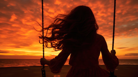 a girl at a resort rides on a swing against the backdrop of the orange sun setting far into the sea generative ai.の素材