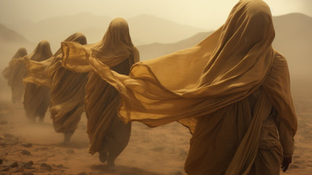wrapped people walk through the Arabian desert in a sandstorm generative ai.の素材