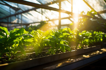 sunlight breaks into the greenhouse illuminating the growing greenery generative ai.の素材