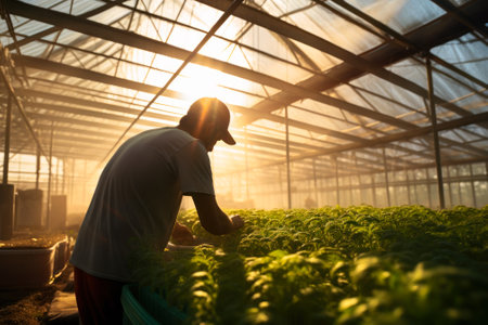 gardener takes care of green plants in greenhouse generative ai.の素材