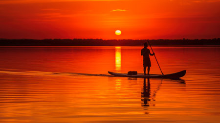 SUP boarding against the backdrop of the setting sun generative ai.の素材