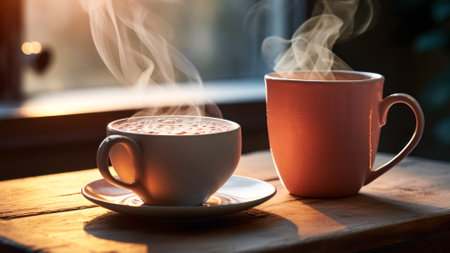 hot morning coffee on the windowsill generative ai.の素材