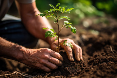 hand gardener spring planting young trees generative ai.の素材