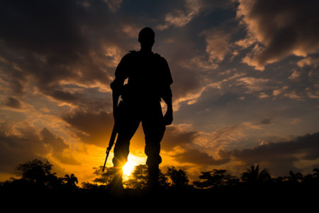 military soldier against the backdrop of the sunset sunny sky generative ai.の素材