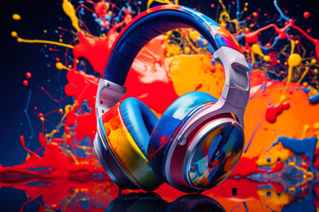 headphones in colorful paint splashes generative ai.の素材