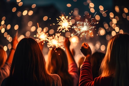 people celebrate the new year with sparklers in their hands and fireworks generative ai.の素材