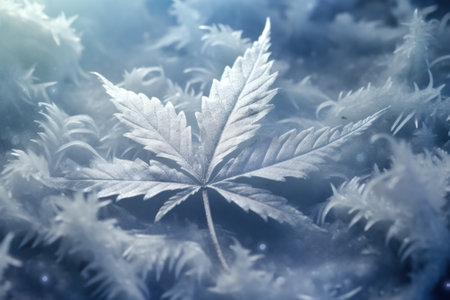 white frozen cannabis leaf covered with frost generative ai.の素材