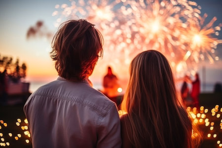 couple in love enjoying festive fireworks in the sky generative ai.の素材