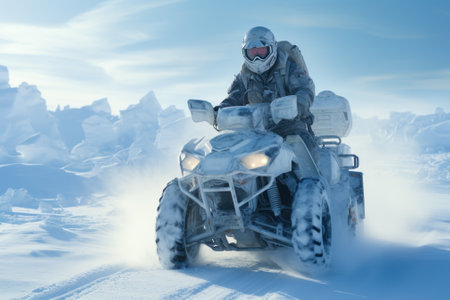 quad bike winter ride through snowdrifts generative ai.の素材