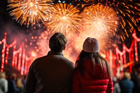 couple in love enjoying festive fireworks in the sky generative ai.の素材