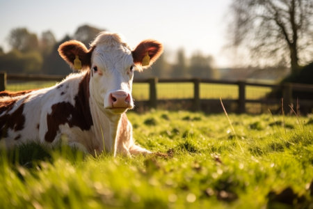 cow resting on the green meadow on the grass generative ai.の素材