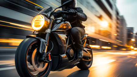 a motorcyclist rushes on a bike through the city generative ai.の素材
