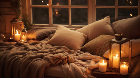 romantic setting in the bedroom with aromatherapy candles generative ai.の素材
