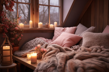 romantic setting in the bedroom with aromatherapy candles generative ai.の素材