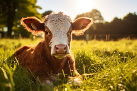 cow resting on the green meadow on the grass generative ai.の素材