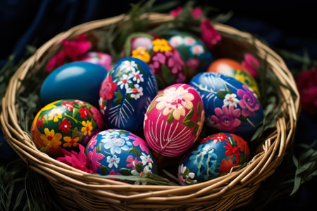painted easter eggs in a basket generative ai.の素材