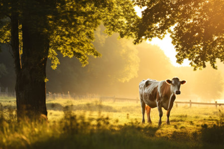 cow on a green summer meadow at morning dawn generative ai.の素材