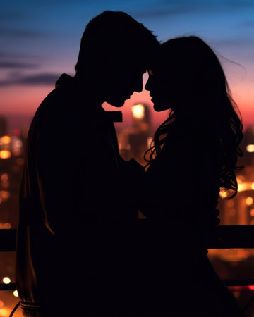 silhouettes of a couple in love against the backdrop of the city and the night sky generative ai.の素材